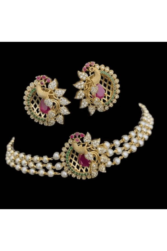 South Indian Bollywood Gold-Plated Flower Design Kemp Short Necklace Set Ruby, Green & White CZ Stones with Matching Earrings Bridal Jewelry