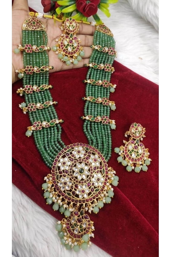 South Indian Bollywood Gold-Plated Jadau Long Necklace Set with Multicolor Kundan Stones Matte Finish Bridal Layer Jewelry with Matching Drop Earrings