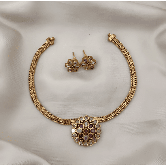 South Indian Bollywood Gold-Plated Kemp Pendant Haram Necklace Set  Green, Ruby & White CZ Stones with Matching Earrings Traditional Jewelry