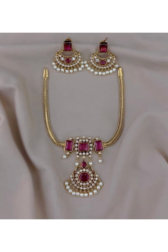 South Indian Bollywood Gold-Plated Kemp Short Necklace Set  Ruby & White CZ Stones with Pearl Earrings Pakistani Traditional Bridal Jewelry