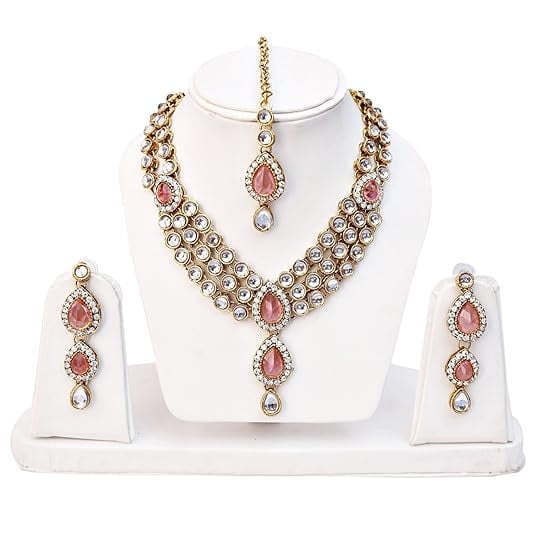 South Indian Bollywood Gold Plated Kundan AD CZ White & Pink Stone Bridal Matte Finish Short Necklace with Earrings & Maangtikka Jewelry Set