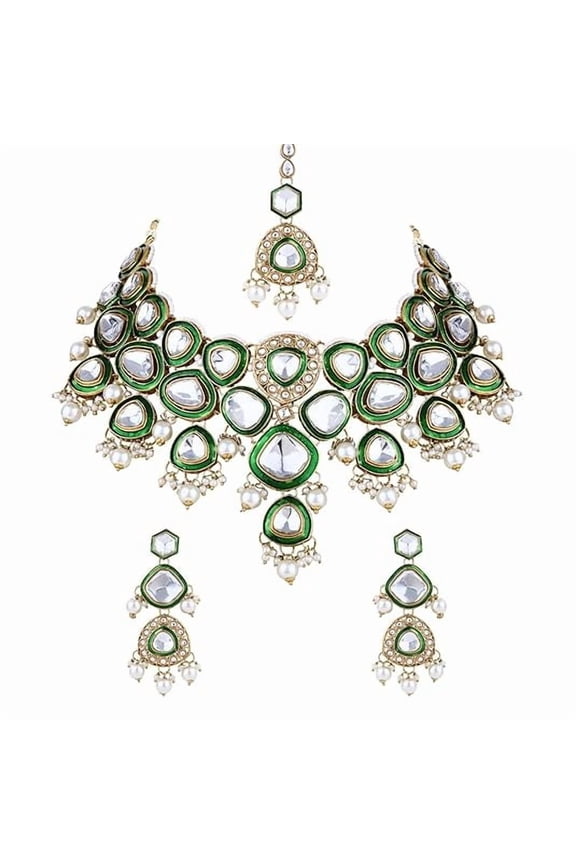 South Indian Bollywood Gold Plated Traditional Kundan Green Pearl Bridal Necklace Set with Earrings & Maangtikka for Women