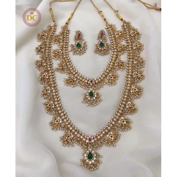 South Indian Bollywood Guttapusalu Bridal Necklace Combo Set – Gold-Plated Short & Long Haram with White, Ruby & Green CZ Kemp Stones, Pearls & Earrings.