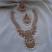 South Indian Bollywood Peacock Design Gold-Plated Short Necklace Set   Ruby, White & Green Kemp CZ Stones with Matte Finish & Matching Drop Earrings.