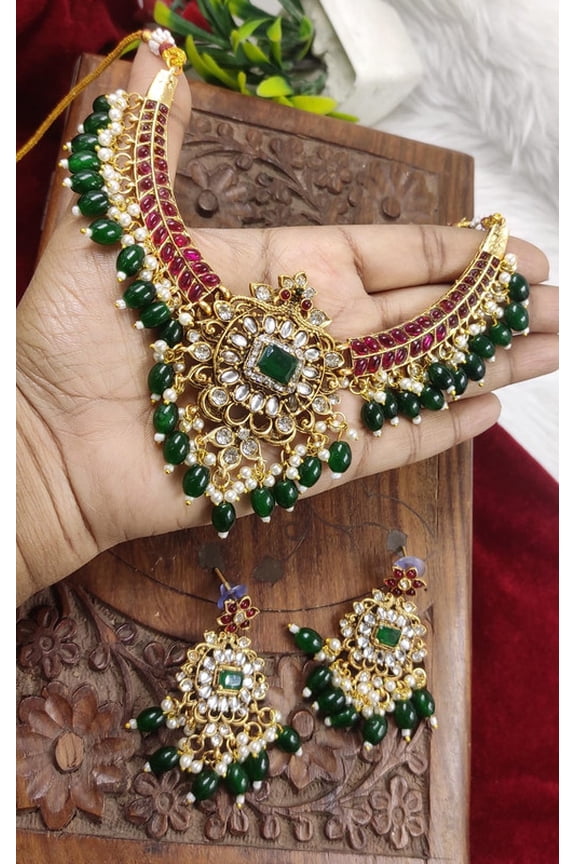 South Indian Bollywood Peacock Design Gold-Plated Short Necklace Set  Ruby, White & Green Kundan CZ Stones with Matte Finish & Matching Drop Earrings