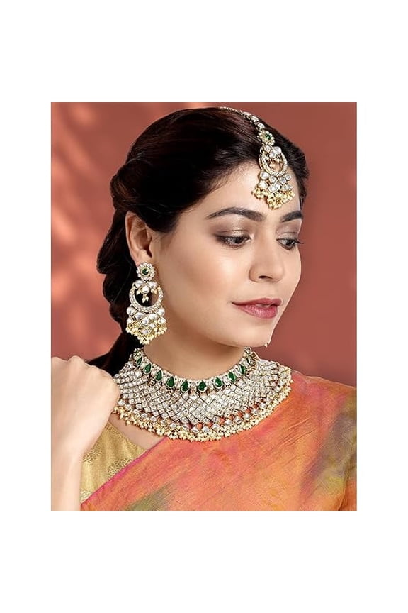 South Indian Bollywood Polki Kundan Guttapusalu Choker Necklace Set with White & Green Stones, Earrings & Maangtikka for Women