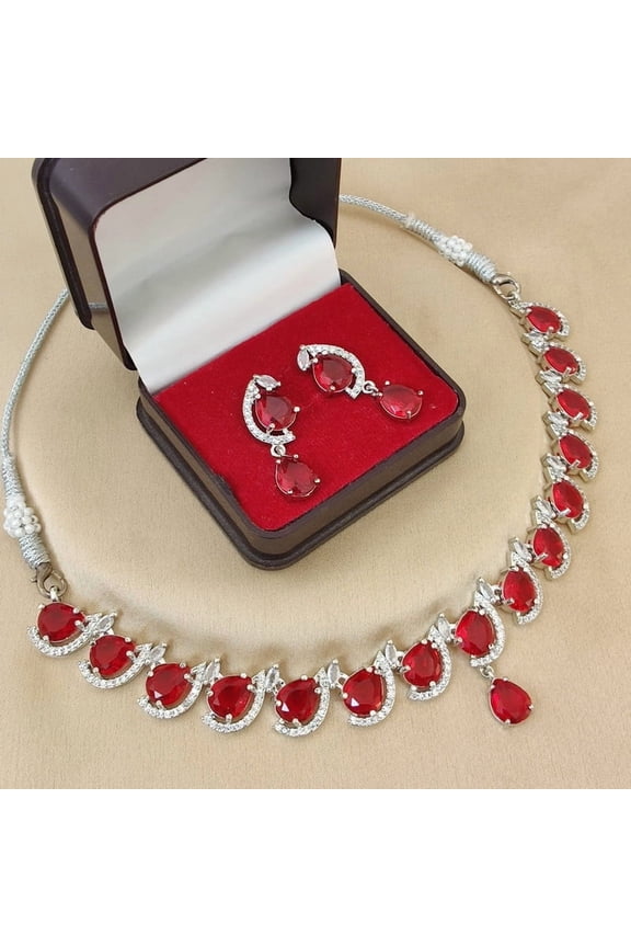 South Indian Bollywood Silver Plated Necklace Set Ruby & White CZ Stones with Matching Earrings Traditional Pakistani Jewelry set