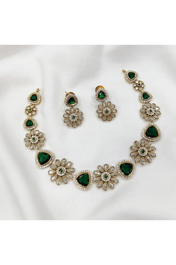 South Indian Bollywood Victorian & Floral Design Green & White Kemp Stone Gold-Plated Matte Finish Choker Necklace Set with Drop Earrings Bridal Jewelry by Haya Jewel.