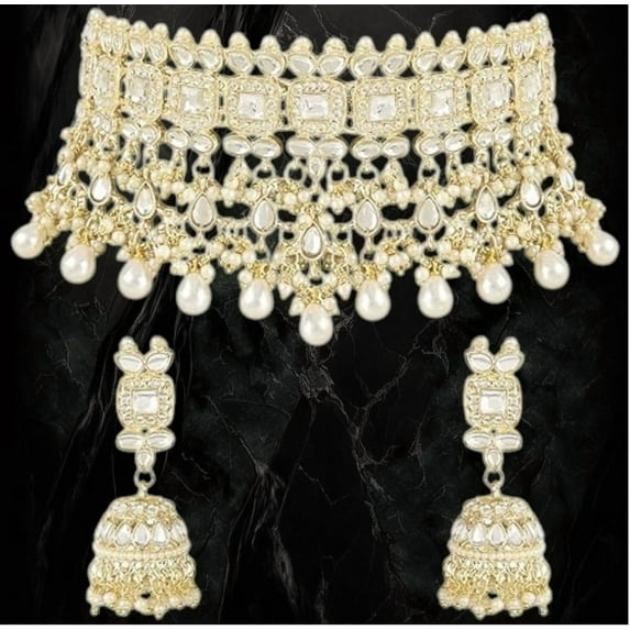 South Indian Bridal Kundan White Stone Pearl Guttapusalu Hanging Choker Necklace Set with Earrings for Women