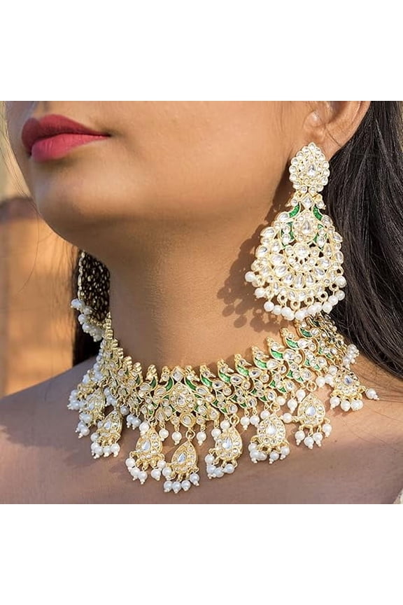 South Indian Bridal Peacock Design Kundan Meenakari White & Green Stone Guttapusalu Pearl Hanging Choker Necklace Set with Earrings & Maangtikka for Women