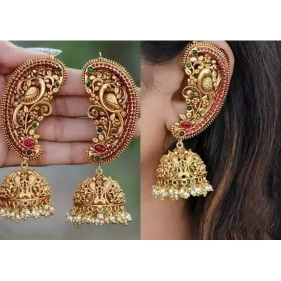 South Indian Gold Plated Matte Finish Pearl Temple Jhumka Earrings
