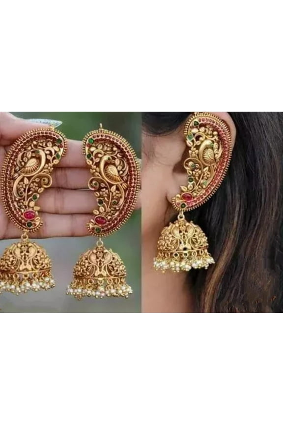 South Indian Gold Plated Matte Finish Pearl Temple Jhumka Earrings