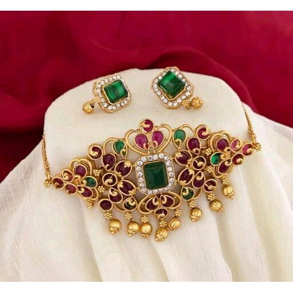 South Indian Golden Touch Green Stone Temple Necklace Set With Earrings
