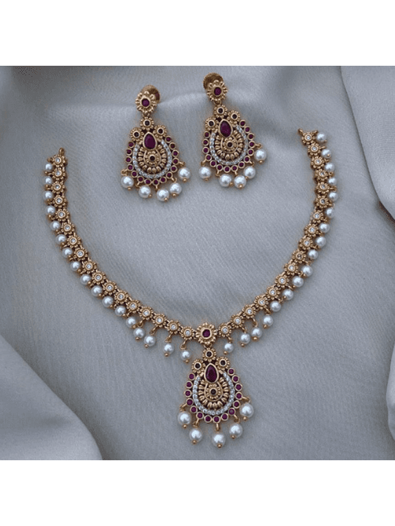 South Indian Ruby CZ Choker Necklace with Earrings Gold Plated Bollywood Pearl Jewelry Set