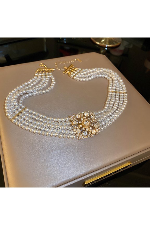 South Korea Diamond Studded Hollow Pearl Multi-layer Necklace Temperament