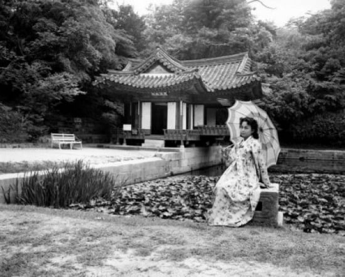 South Korea Seoul Sun Yak Gardens women in traditional clothing with umbrella Canvas Art - (18 x 24)