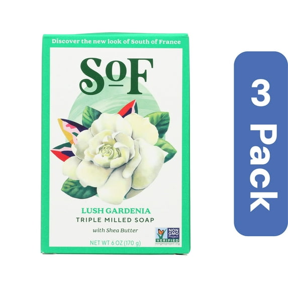 South Of France Lush Gardenia Bar Soap, Gluten Free, Cruelty Free, 6 Ounce (Pack Of 3).