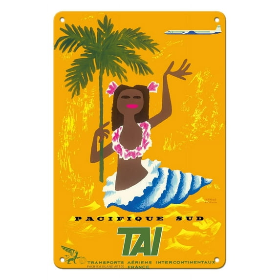 South Pacific (Pacifique Sud) - Transport Aeriens Internationaux (TAI) - Vintage Airline Travel Poster by Hervé Morvan c.1958 - 8 x 12 inch Vintage Metal Tin Sign