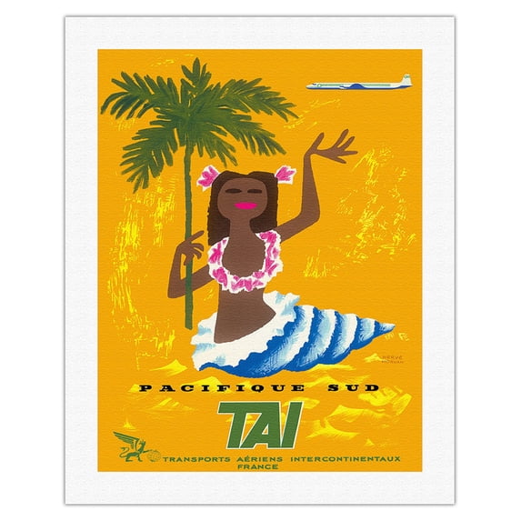 South Pacific (Pacifique Sud) - Transport Aeriens Internationaux (TAI) - Vintage Airline Travel Poster by Hervé Morvan c.1958 - Fine Art Rolled Canvas Print 20in x 26in