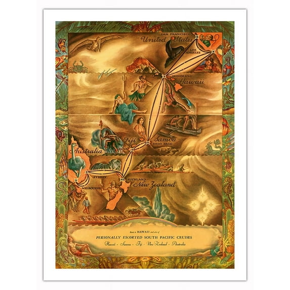 South Pacific Route Map - Hawaii Samoa Fiji Australia New Zealand - Vintage Pictorial Map by Ernest Hamlin Baker c.1935 - Bamboo Fine Art 290gsm Paper Print (Unframed) 24x32in