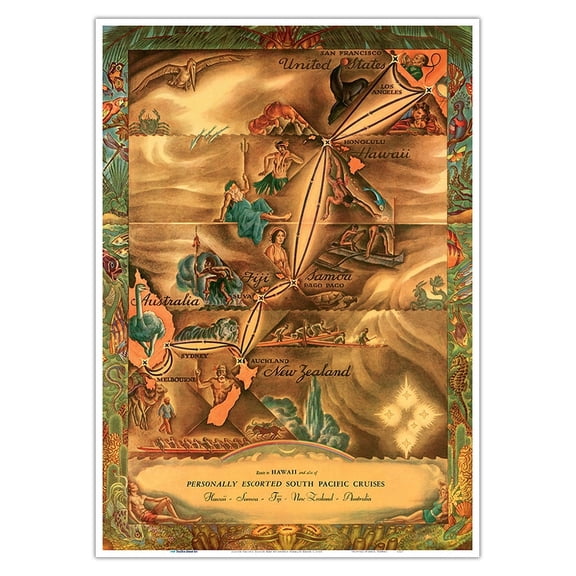 South Pacific Route Map - Hawaii Samoa Fiji Australia New Zealand - Vintage Pictorial Map by Ernest Hamlin Baker c.1935 - Master Art Print 10in x 14in