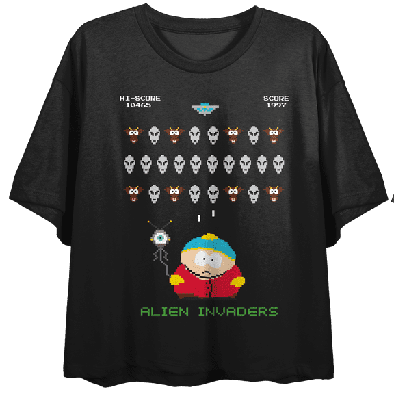 South Park Alien Invaders Crew Neck Short Sleeve Women's Black Crop Top
