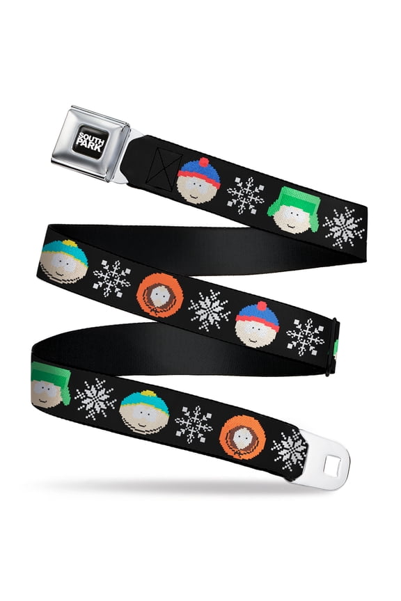 South Park Belt, Seatbelt Buckle Belt, South Park Boys Ugly Christmas Sweater Faces Black, 30 to 44 Inches