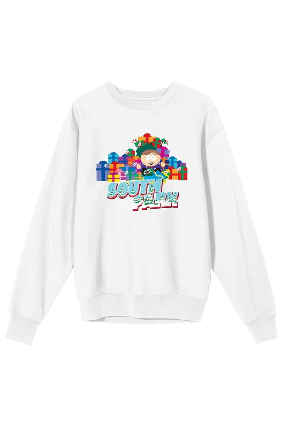 South Park Cartman With Presents & Logo Crew Neck Long Sleeve Adult White Sweatshirt-XL