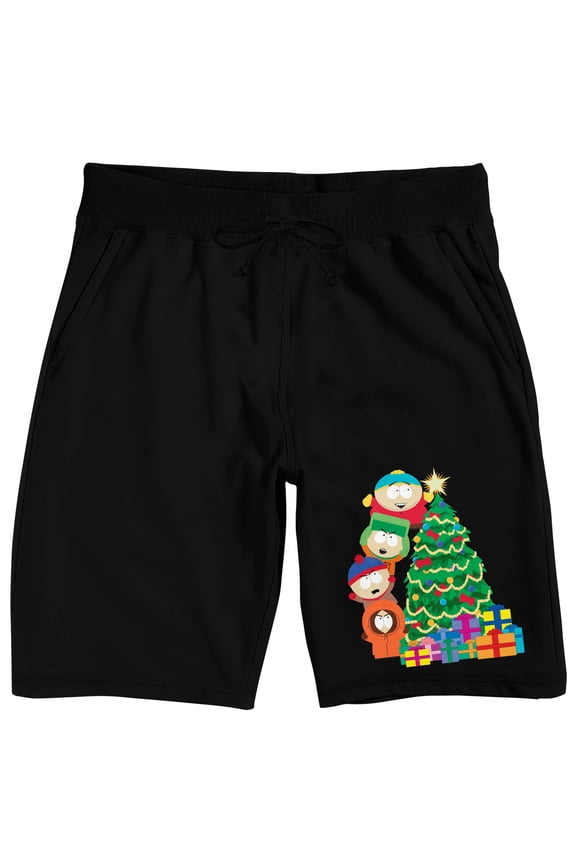 South Park Characters Decorating Christmas Tree Adult Black Sleep Pajama Shorts-Medium