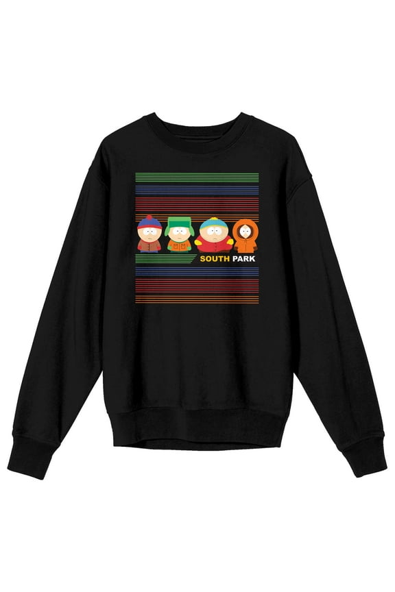 South Park Main Characters With Colorful Stripes Crew Neck Long Sleeve Black Adult Sweatshirt
