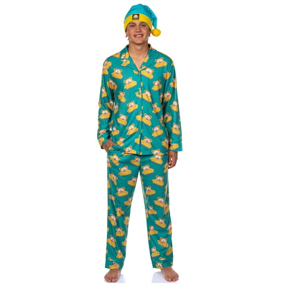 South Park Men's Snacky Cakes Wellington Bear Coat Front 2-Piece Pajama Set with Nightcap Lounge Sleepwear
