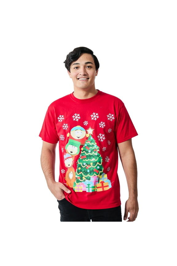 South Park Oversized Group Shot Decorating Christmas Tree Men's Red Crew Neck Short Sleeve T-shirt-Medium