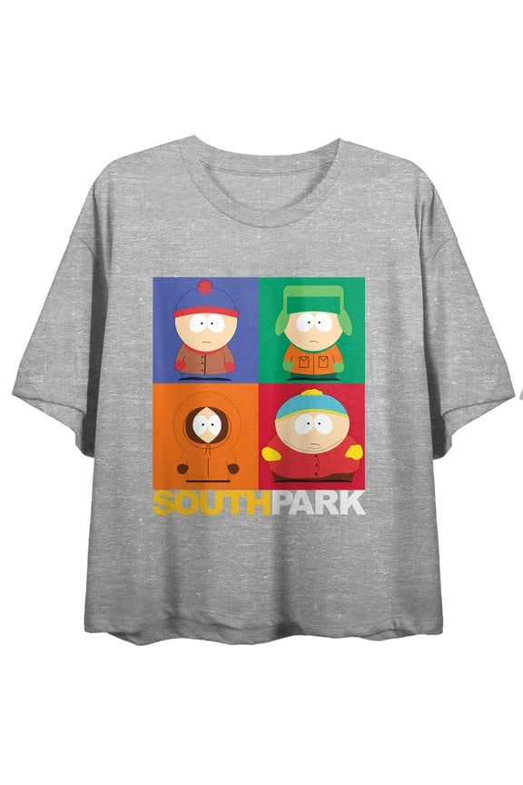 South Park Stacked Character Squares Crew Neck Short Sleeve Athletic Heather Women's Crop Top-XL