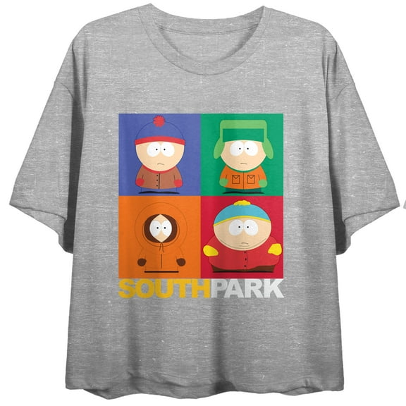 South Park Stacked Character Squares Crew Neck Short Sleeve Athletic Heather Women's Crop Top-XS