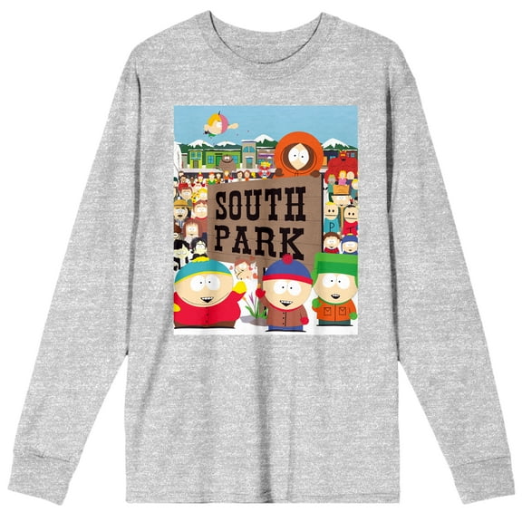 South Park Town Crew Neck Long Sleeve Athletic Heather Adult Tee-XXL