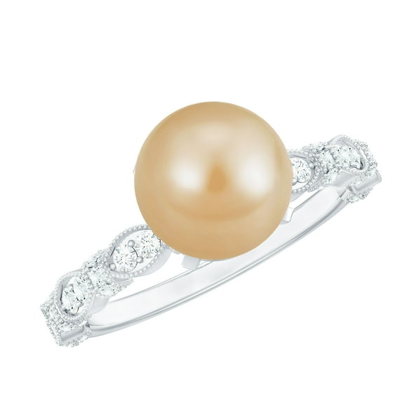 Rosec Jewels Golden South Sea Pearl Solitaire Engagement Ring 5 Carat - Pearl Diamond Ring for Women - 8 mm - AAA Quality, 925 Sterling Silver, US 4.00