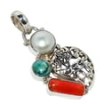 thumbnail image 1 of South Sea Pearl & Turquoise & Coral 925 Sterling Silver Pendant Size 1.58"Natural Pendant, White Pendant, 925 Silver Pendant, Pearl Pendant, Round Pen, 1 of 2