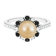 ARISHA JEWELS South Sea Pearl and Diamond Ring for Women - Cocktail Halo Ring, 925 Sterling Silver, US 4.00