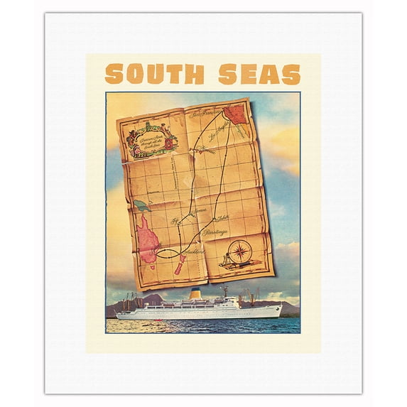 South Seas - Steamships S.S. Mariposa - S.S. Monterey - Vintage Ocean Liner Travel Poster by Louis Macouillard c.1950s - Fine Art Rolled Canvas Print 11in x 14in