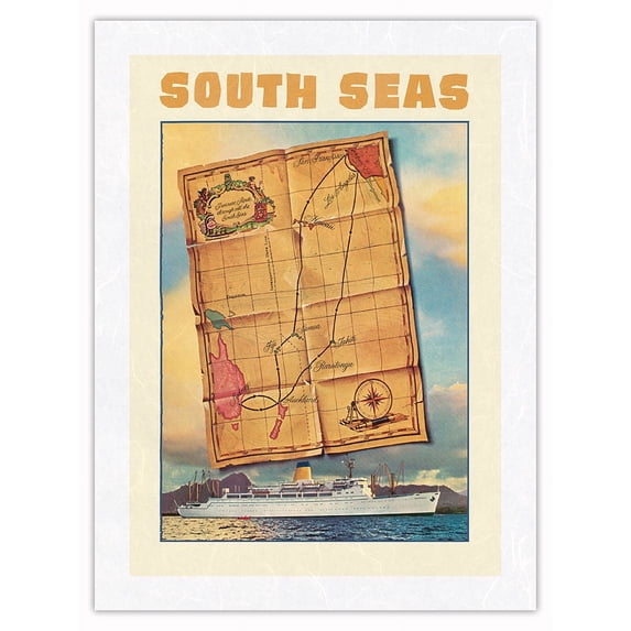 South Seas - Steamships S.S. Mariposa - S.S. Monterey - Vintage Ocean Liner Travel Poster by Louis Macouillard c.1950s - Japanese Unryu Rice Paper Art Print (Unframed) 18 x 24 in