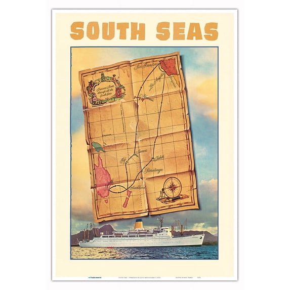 South Seas - Steamships S.S. Mariposa - S.S. Monterey - Vintage Ocean Liner Travel Poster by Louis Macouillard c.1950s - Master Art Print (Unframed) 13in x 19in