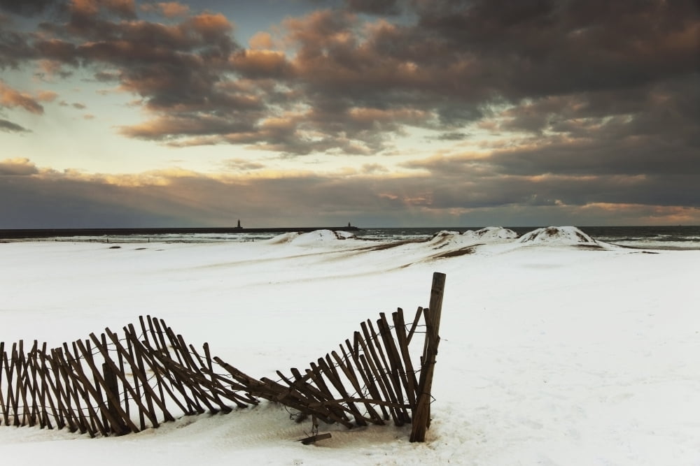 South Shields Tyne And Wear England A Broken Fence In A Snow-Covered Field Canvas Art - John Short Design Pics (38 x 24)