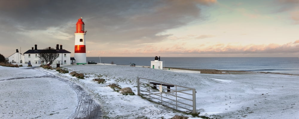 South Shields Tyne And Wear England A Lighthouse And House Along The Coast Canvas Art - John Short Design Pics (34 x 13)