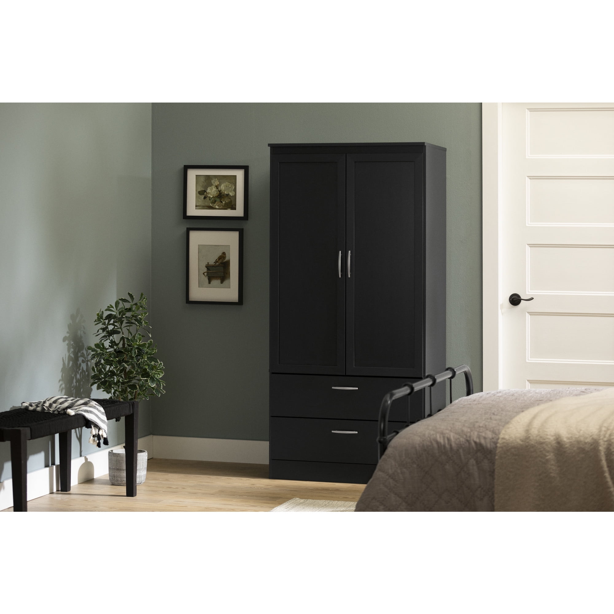 Pure Black Transitional Wardrobe Armoire with Mirror