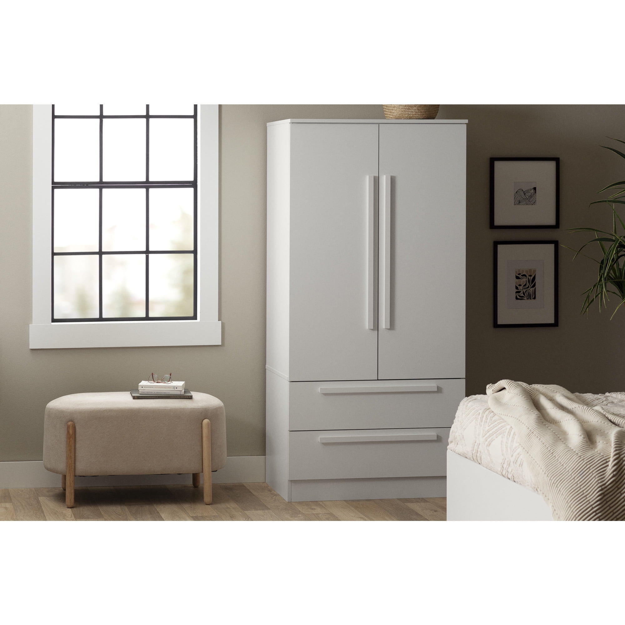 Pure White Contemporary Hinged Door Wardrobe with Drawers