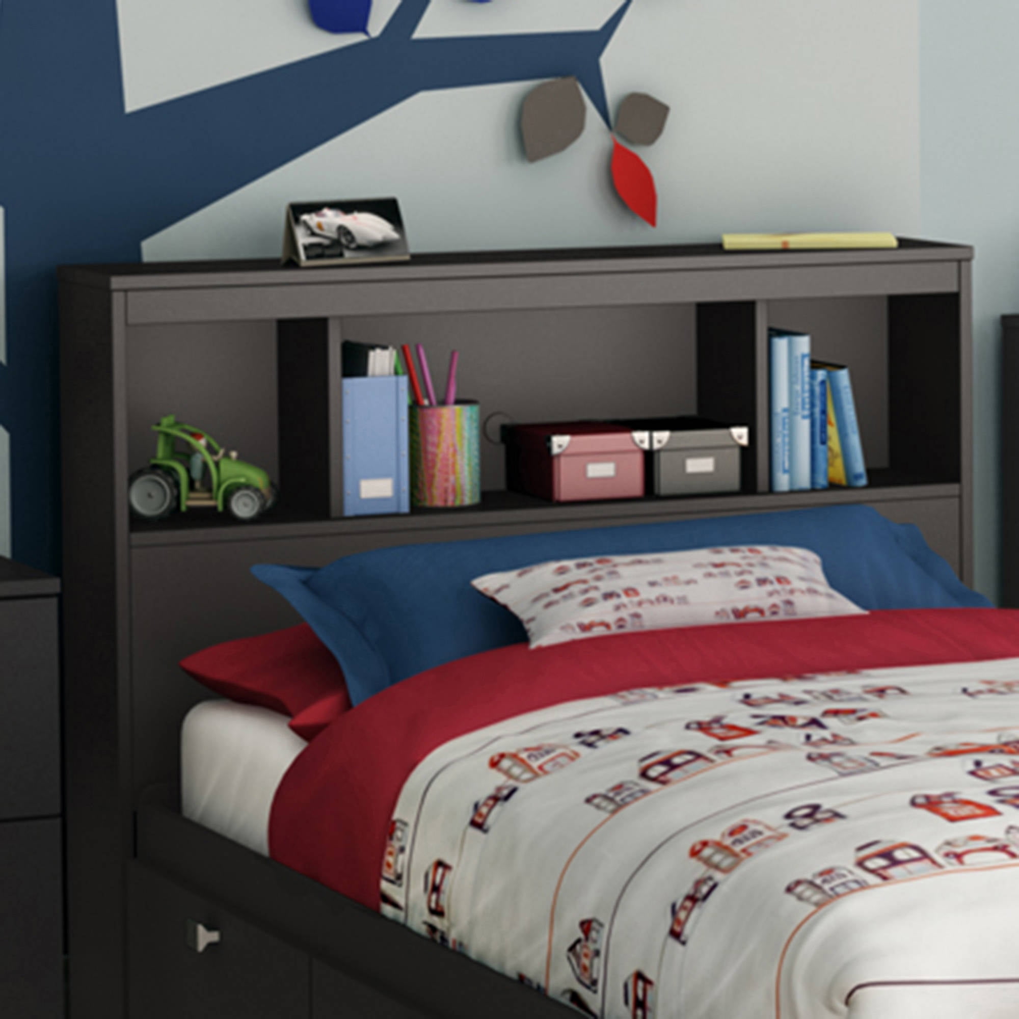 Pure Black Twin Upholstered Wood Bookcase Headboard with Storage