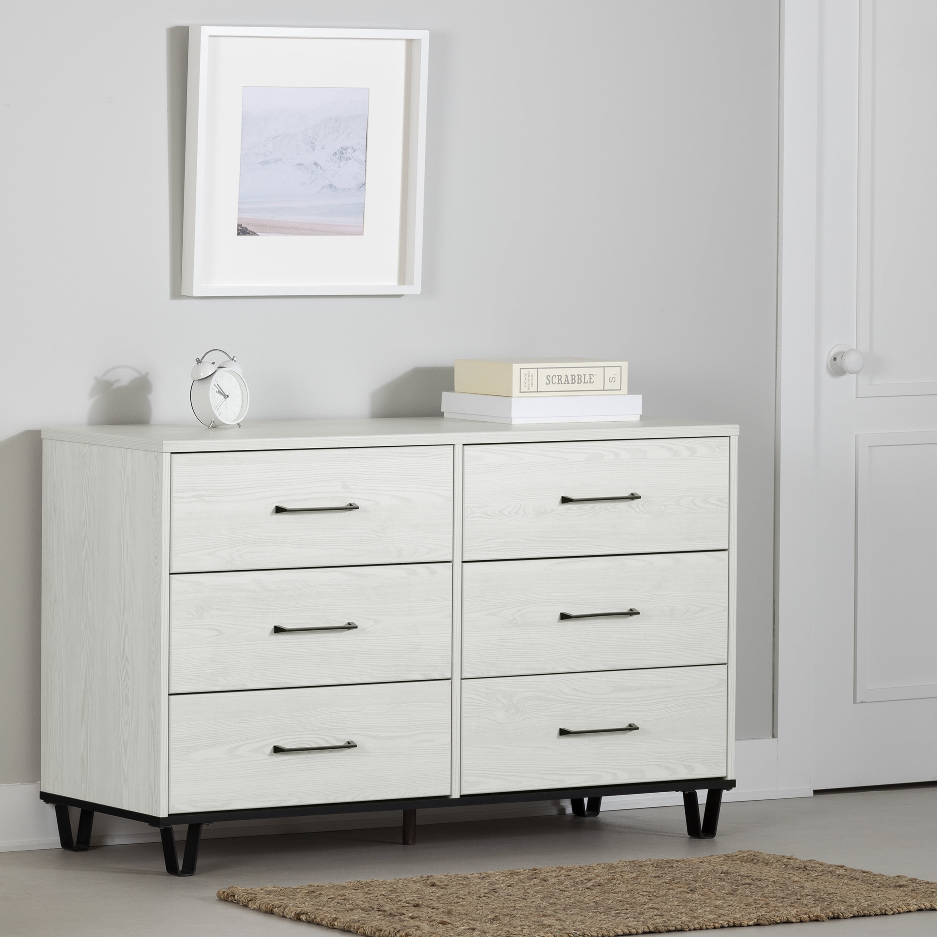 White Pine and Black Matte 6-Drawer Double Dresser