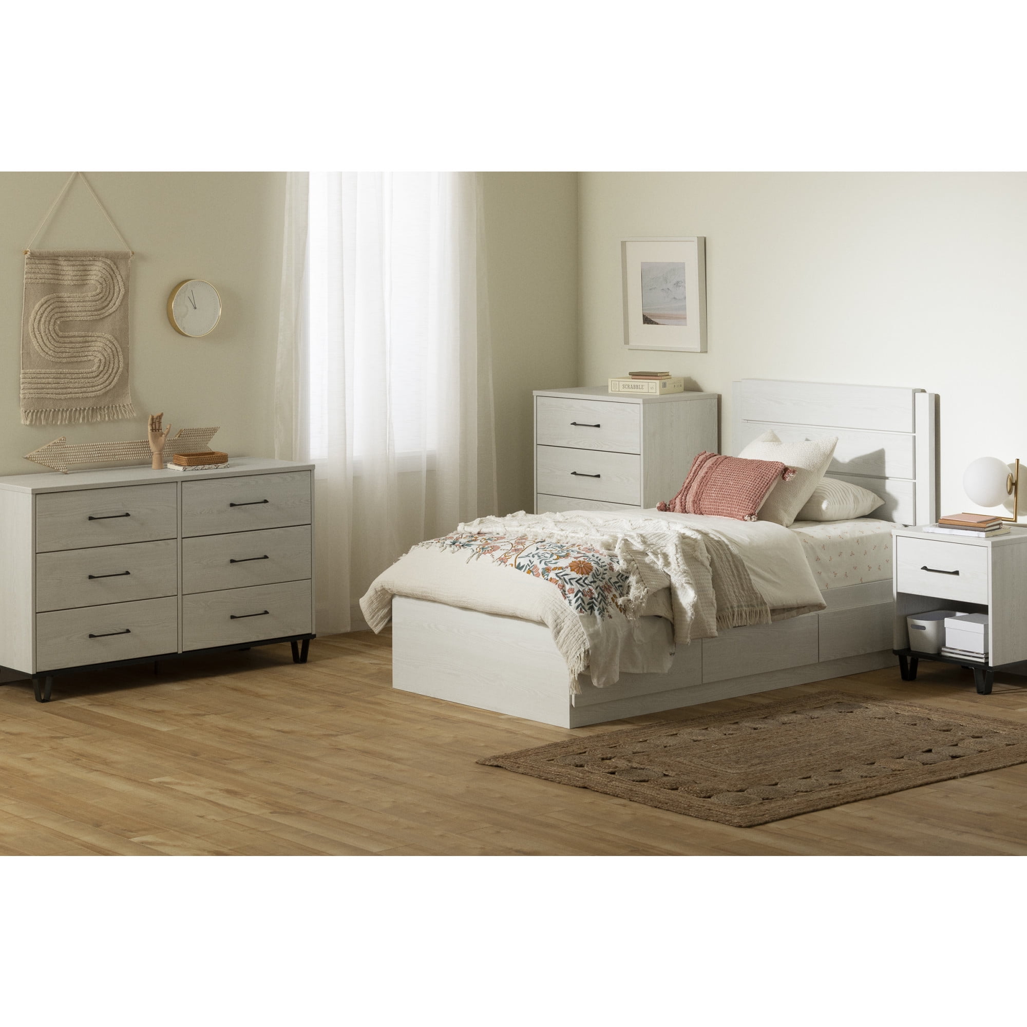 White Pine and Black Matte 6-Drawer Double Dresser