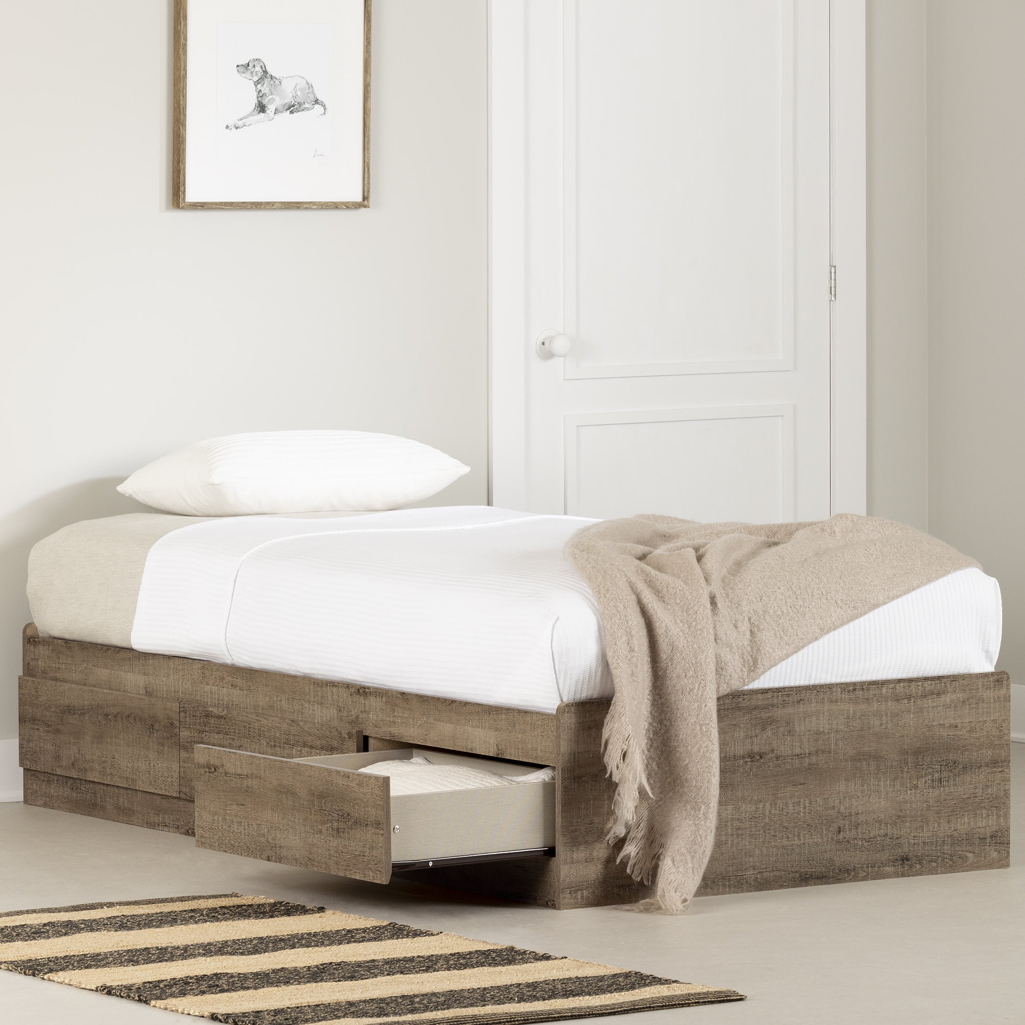 Twin Weathered Oak Platform Bed with 3 Storage Drawers