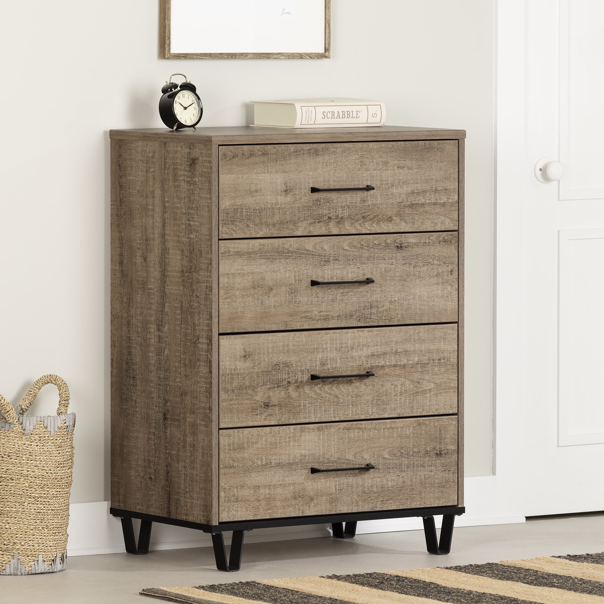 Weathered Oak Farmhouse 4-Drawer Tall Dresser
